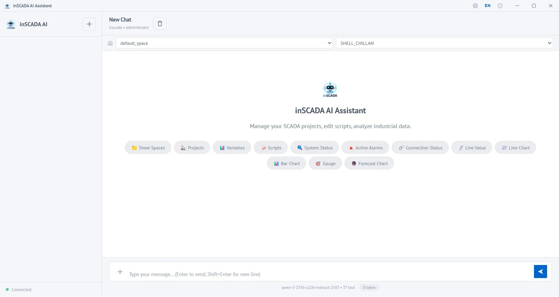 AI Assistant — Main screen, quick actions and workspace selection