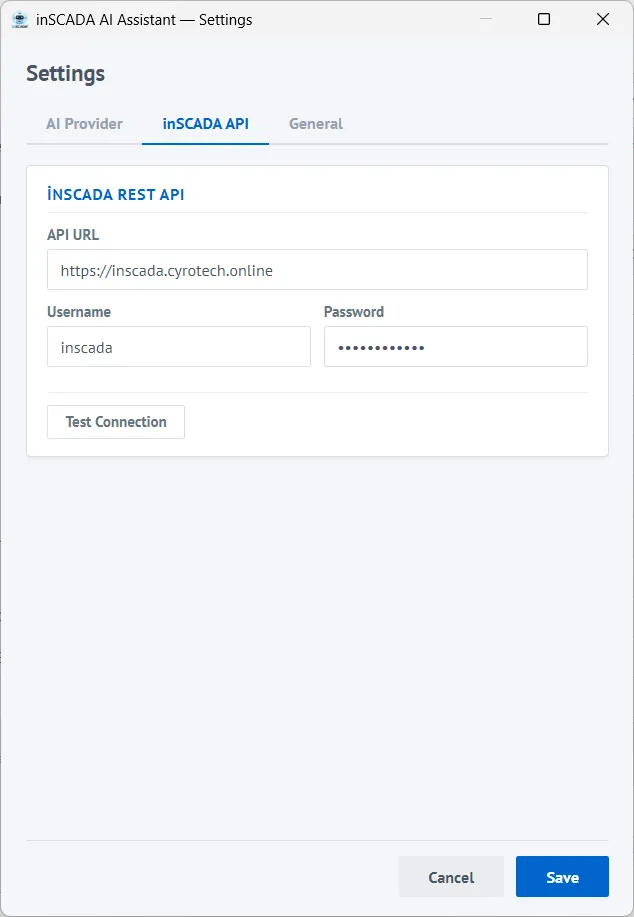 Settings — inSCADA REST API connection configuration