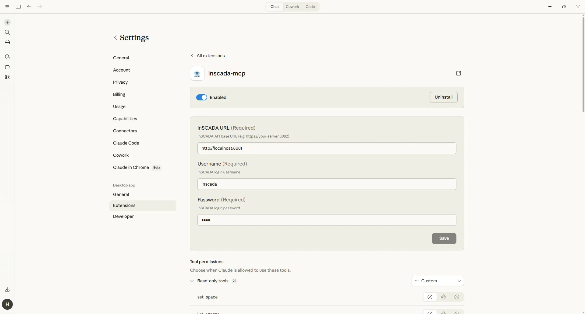 Claude Desktop — inSCADA MCP Extension settings