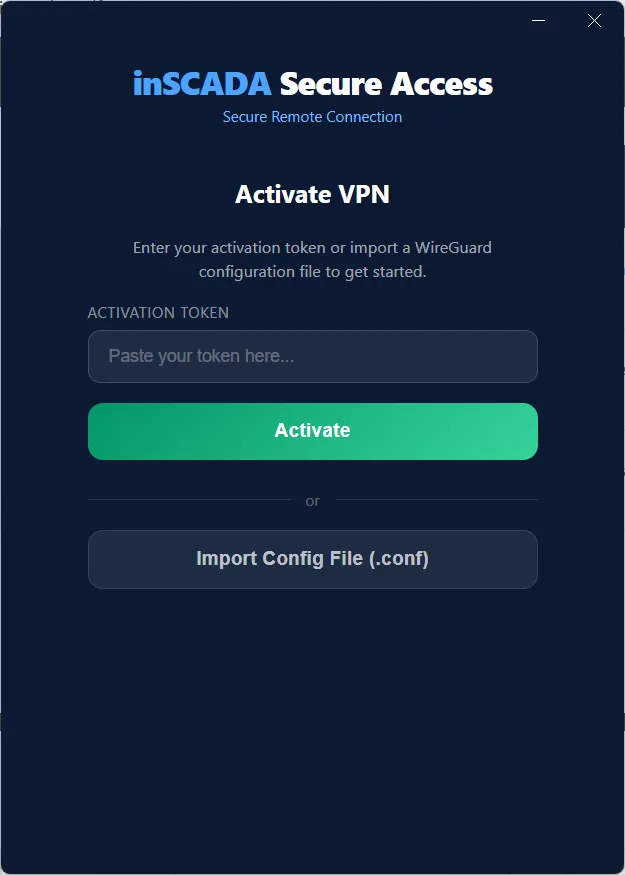 Activation screen — Setup with token or config file