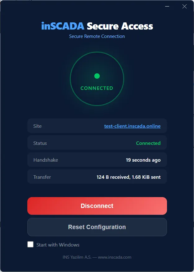 Connected state — Site address, handshake and transfer info